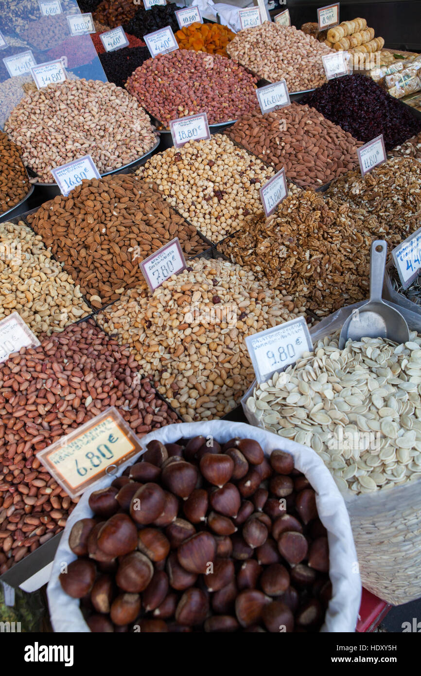 Display of nuts and dried fruit at a stall in the Central Market in Athens Stock Photo