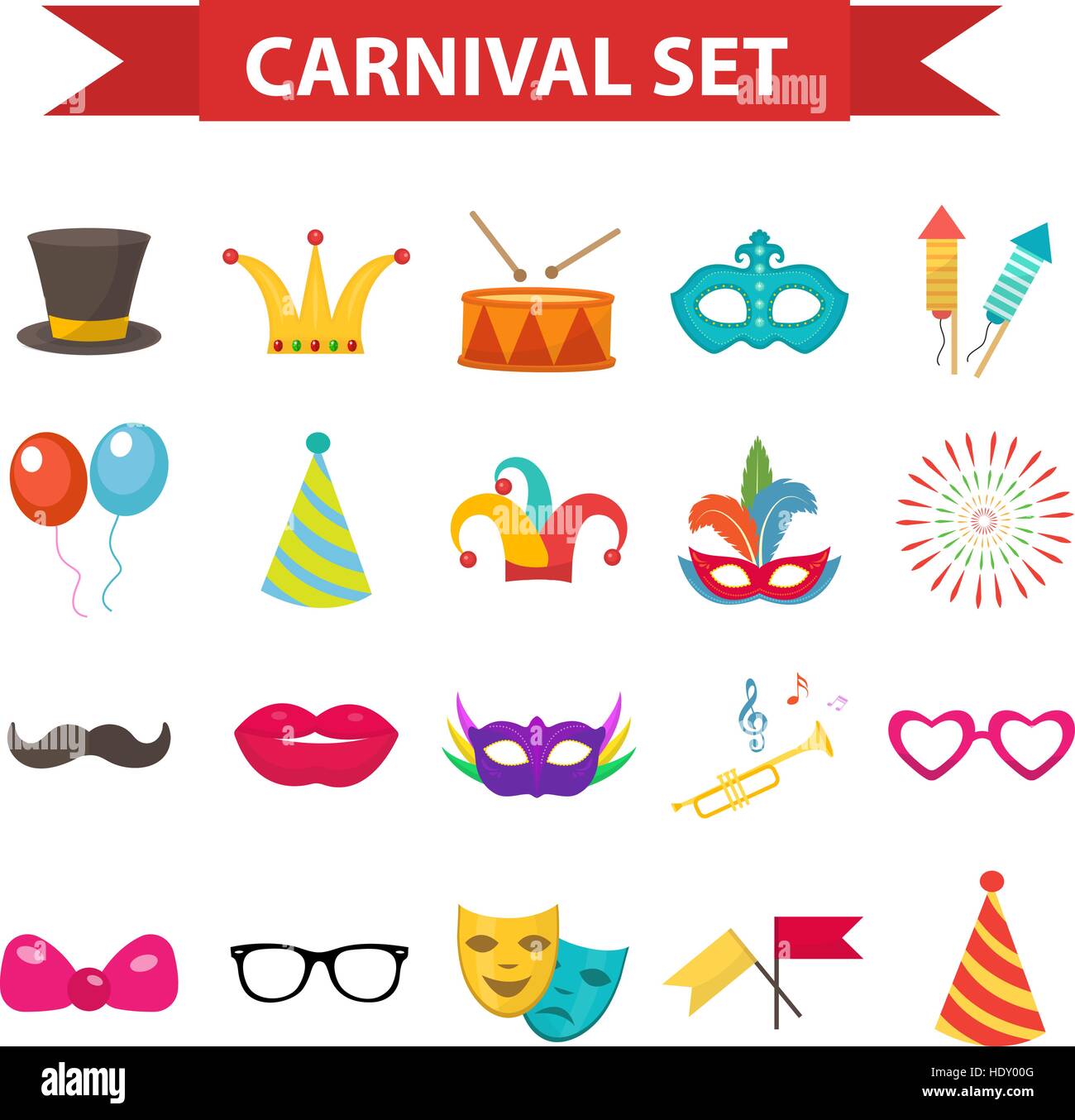 Party icons, design element, flat style. Carnival accessories, props