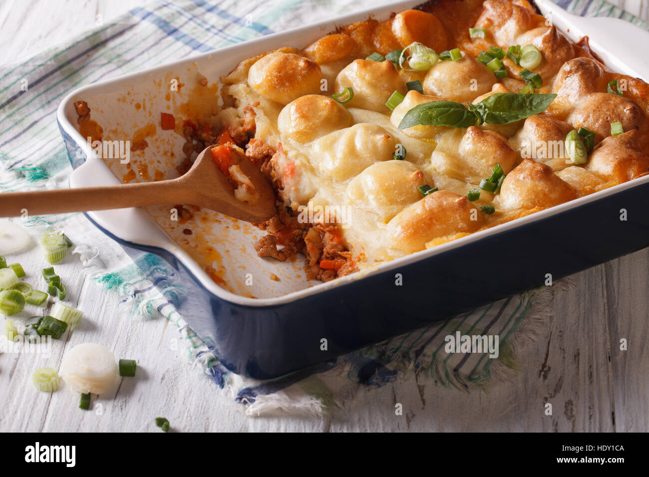 British shepherds pie in the baking dish closeup. horizontal Stock