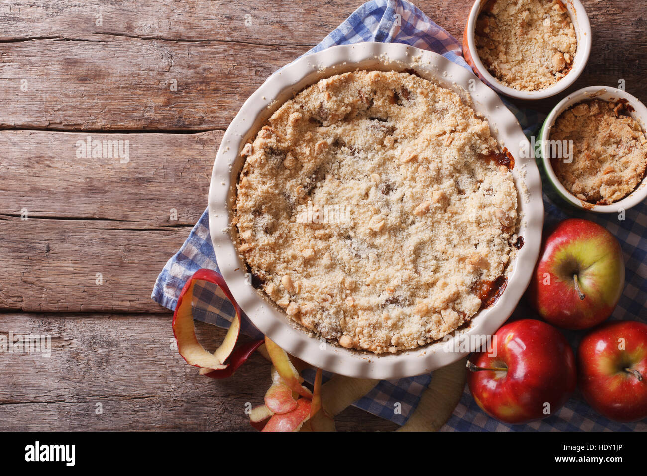 Traditional apple crisp close-up in baking dish. view from above horizontal, rustic style Stock Photo