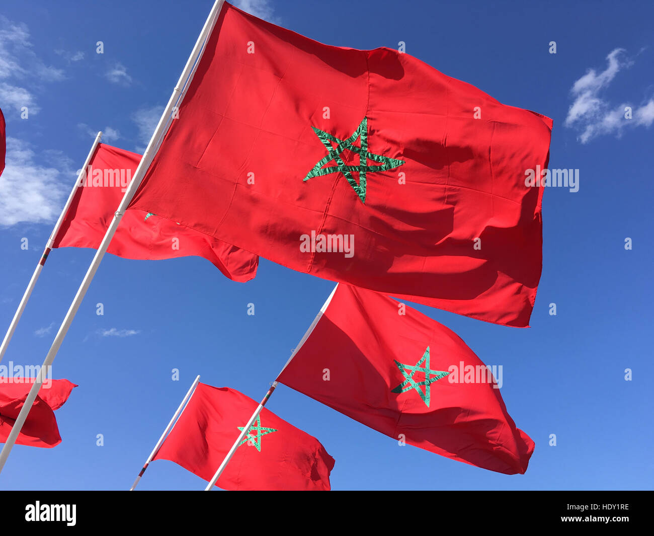 Moroccan flags fly in Marrakech, Morocco. Stock Photo