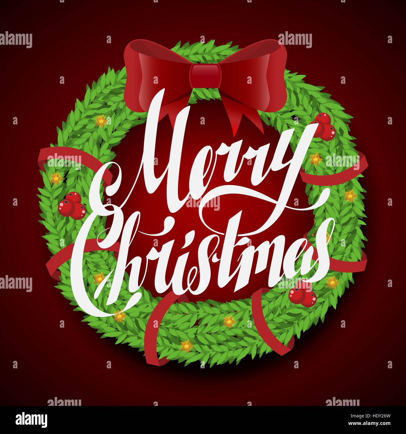 Christmas greeting card and background. wreath with garlands, lettering ...