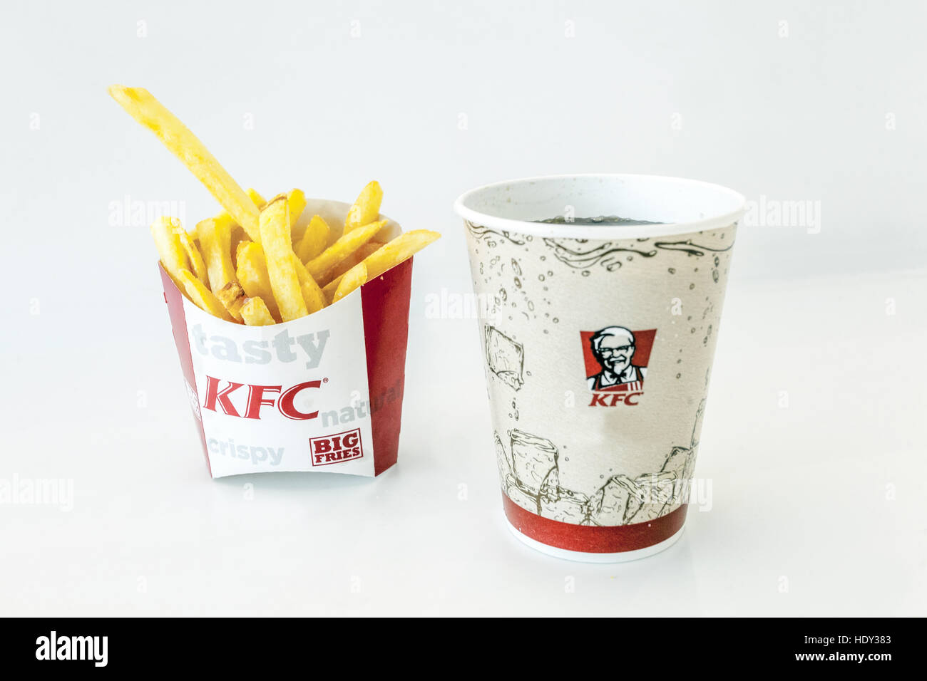 KFC meal, Kentucky Fried Chicken, French fries, cup, drink Stock Photo