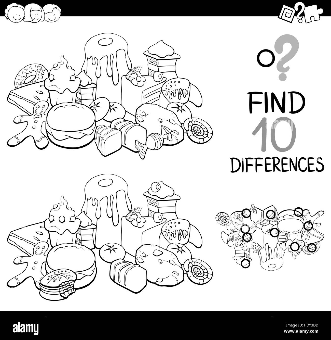 Black and White Cartoon Illustration of Finding Differences Educational Activity for Children with Sweet Food Coloring Page Stock Vector