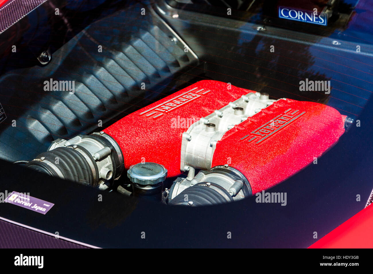 Japan. Red Ferrari 458 Italia car. View of part of F136 V8