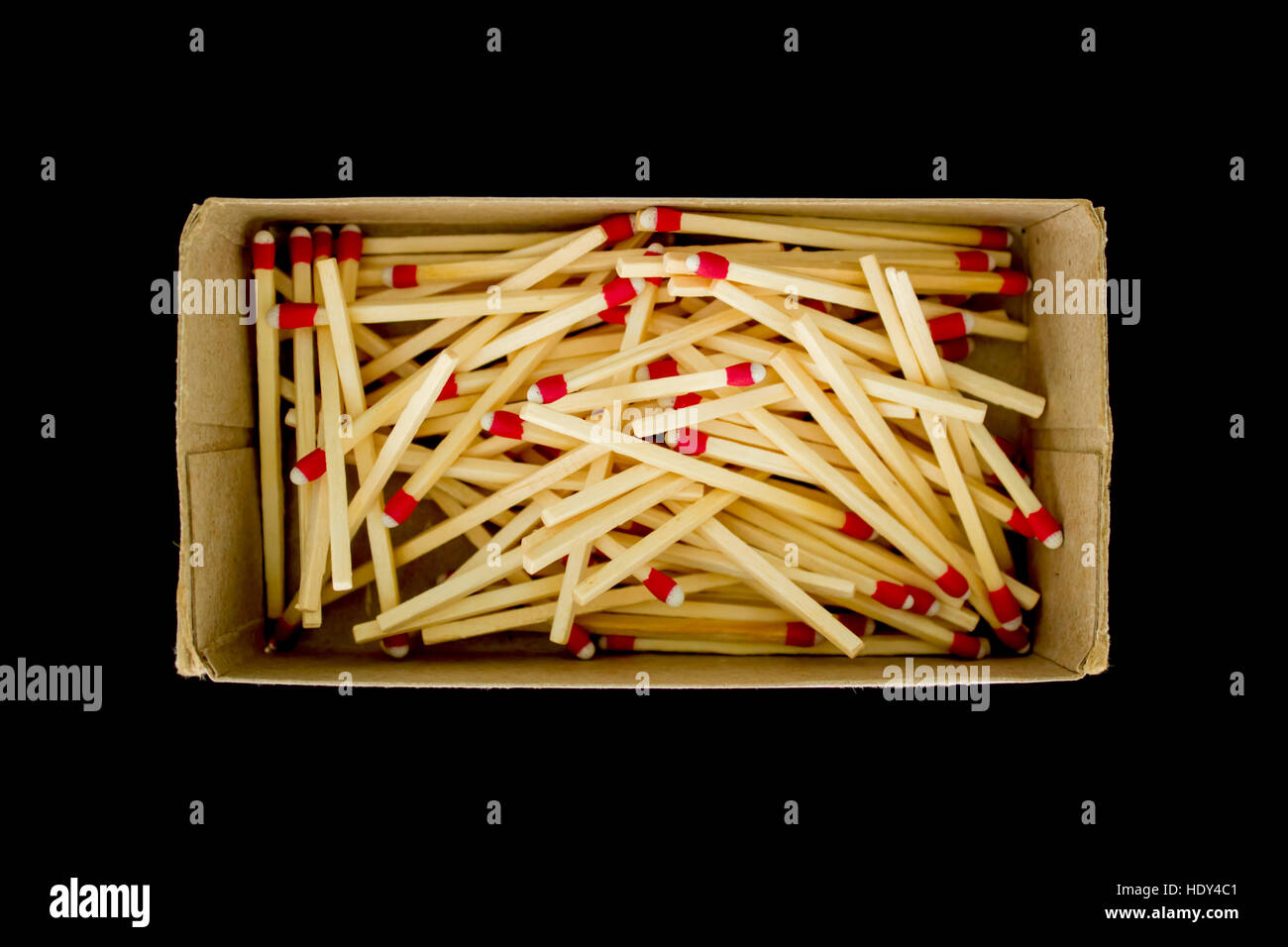 A box of strike-anywhere matches isolated on a black background. Photographed from above. Stock Photo
