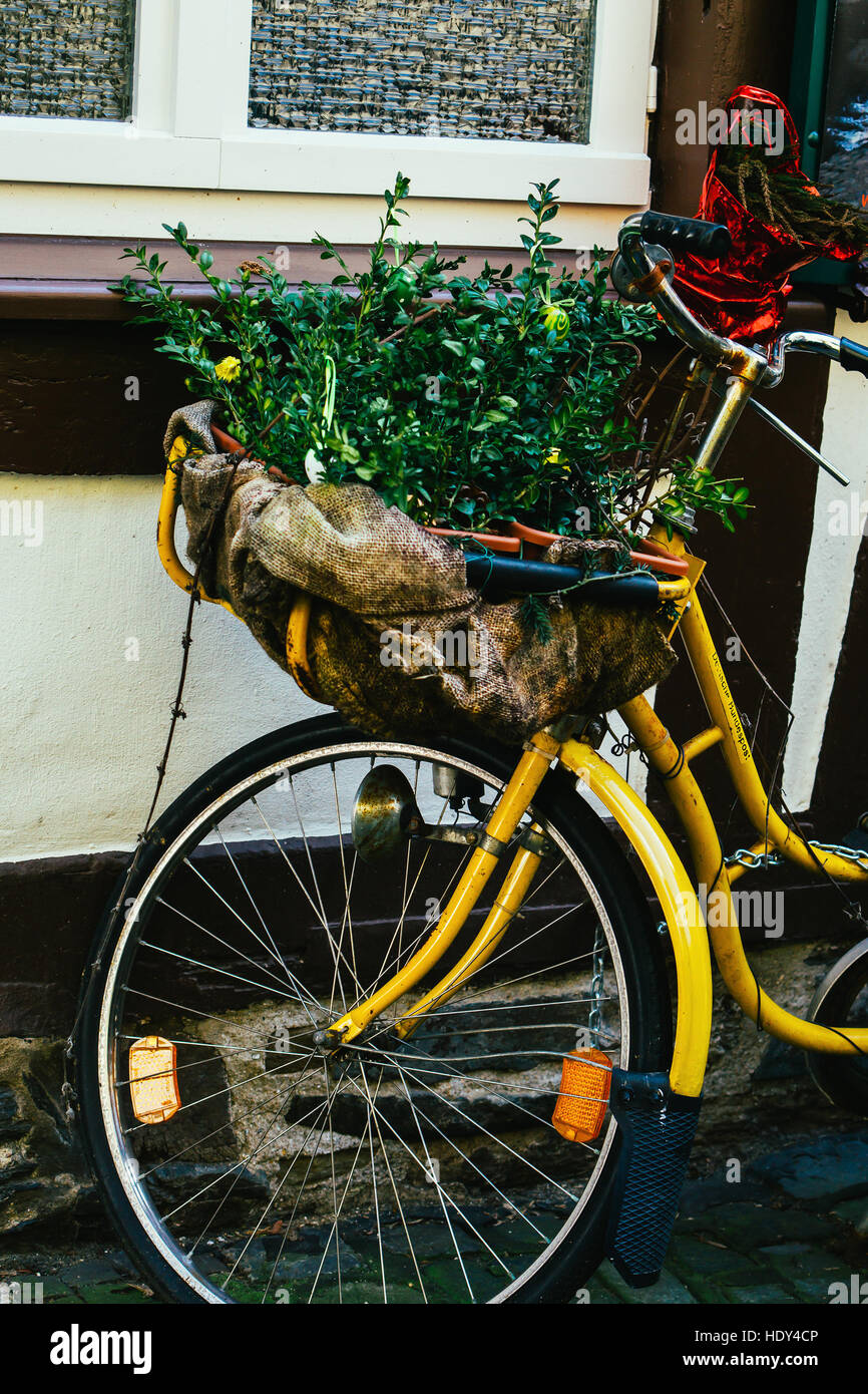 A yellow bicycle from the German post decorated with a basket and a plant in it. Stock Photo