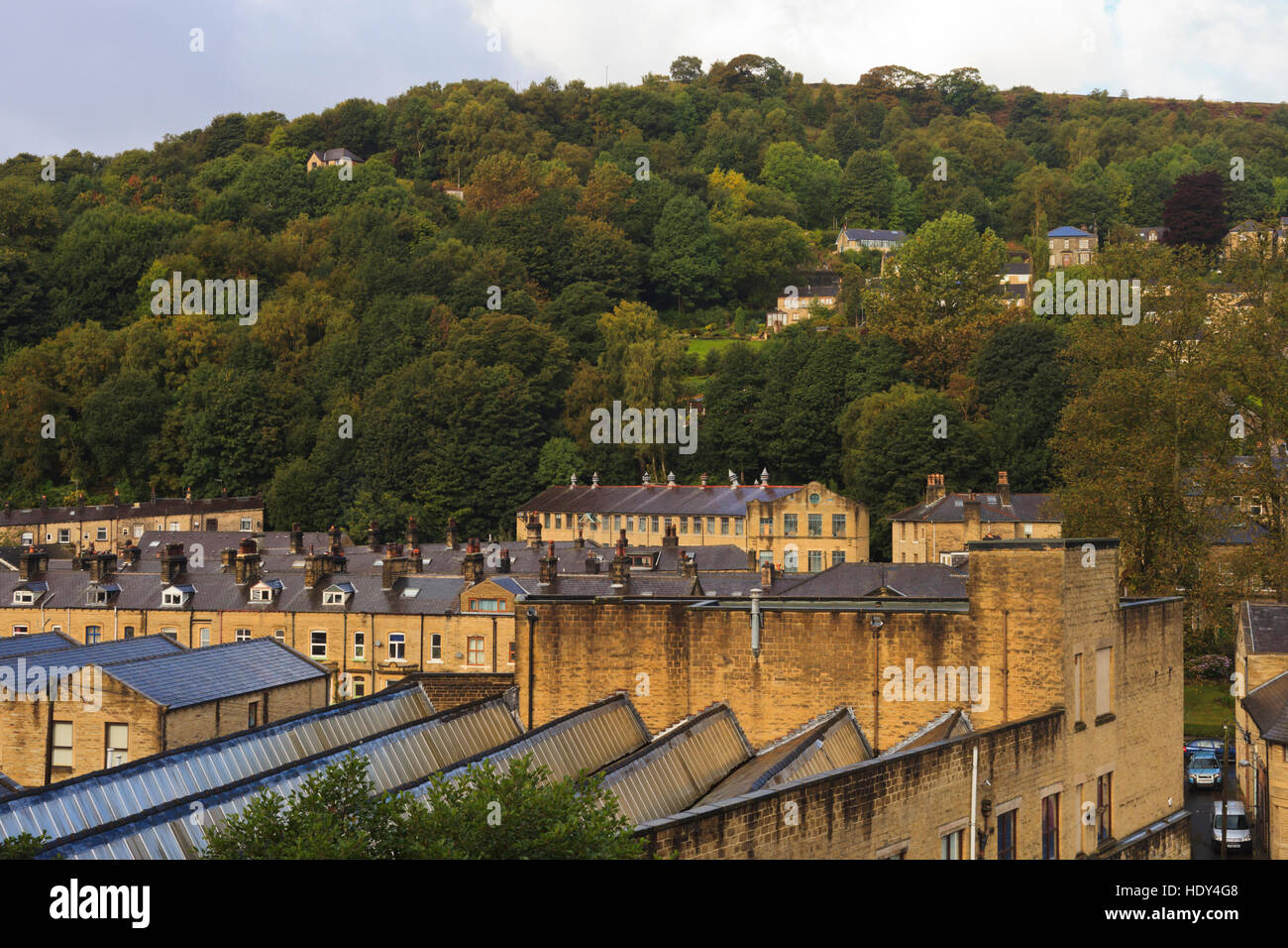 View of the Yorkshire mill town of Hebden Bridge, from Keighley Road, Calderdale, West Yorkshire, England UKterer Stock Photo