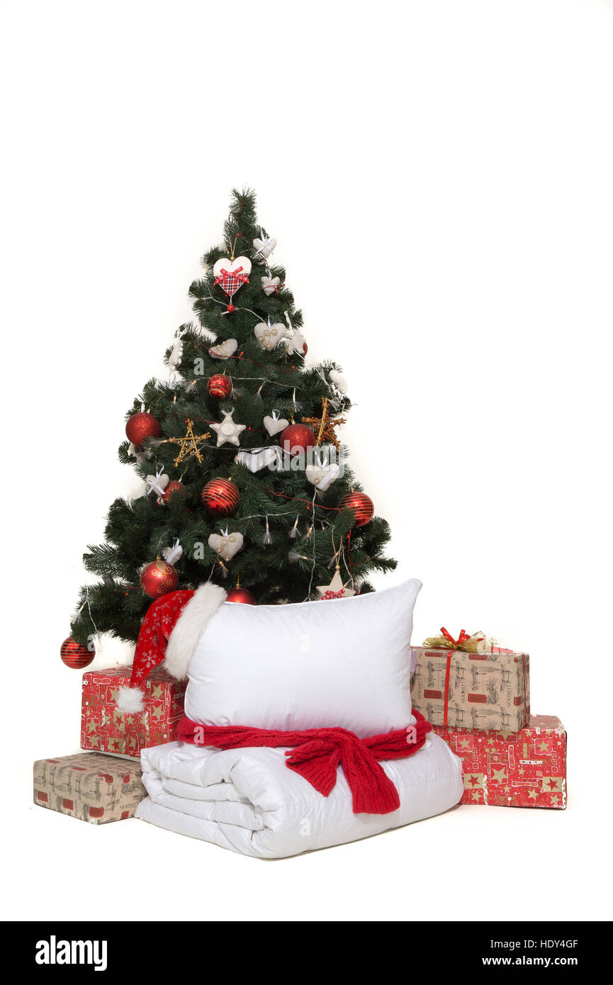 Decorated Christmas tree and gifts on white background Stock Photo - Alamy