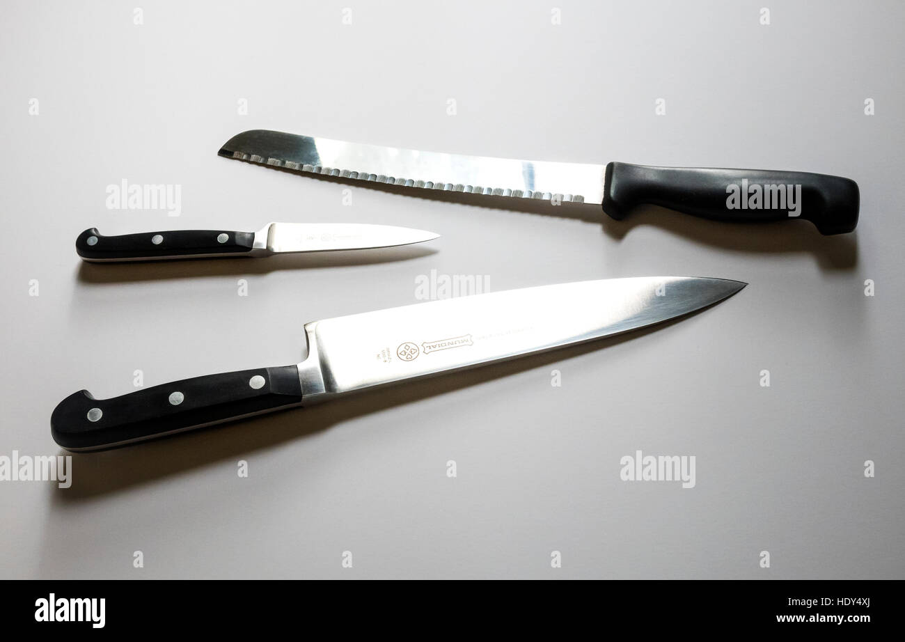 The basic three knife set needed in every kitchen bread knife, paring