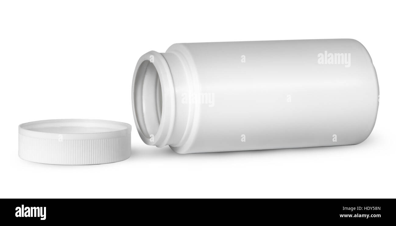 White plastic bottle for vitamins lying near lid isolated on white background Stock Photo