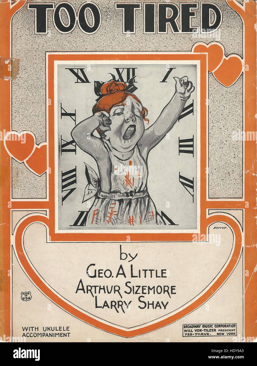 'Too Tired!' 1924 Sheet Music Cover Stock Photo