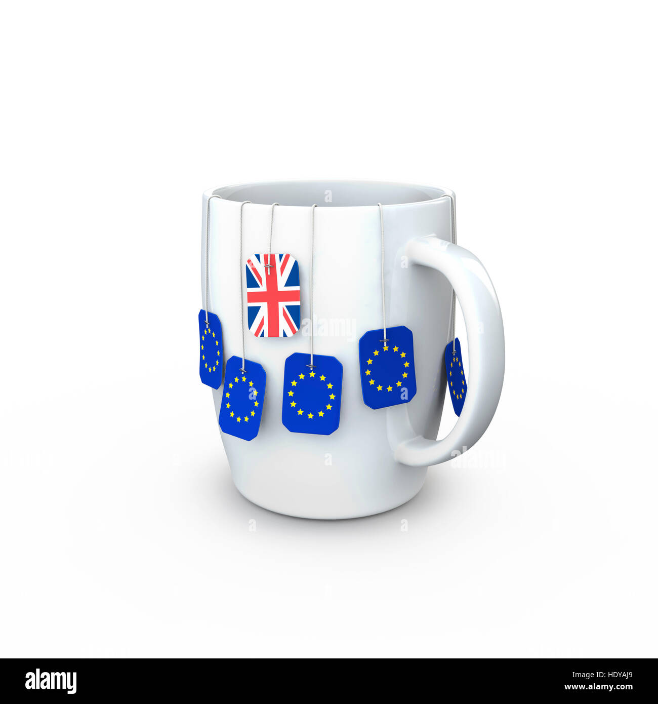 Brexit tea mug / 3D illustration of white tea mug with UK and EU tea bag labels hanging over side Stock Photo