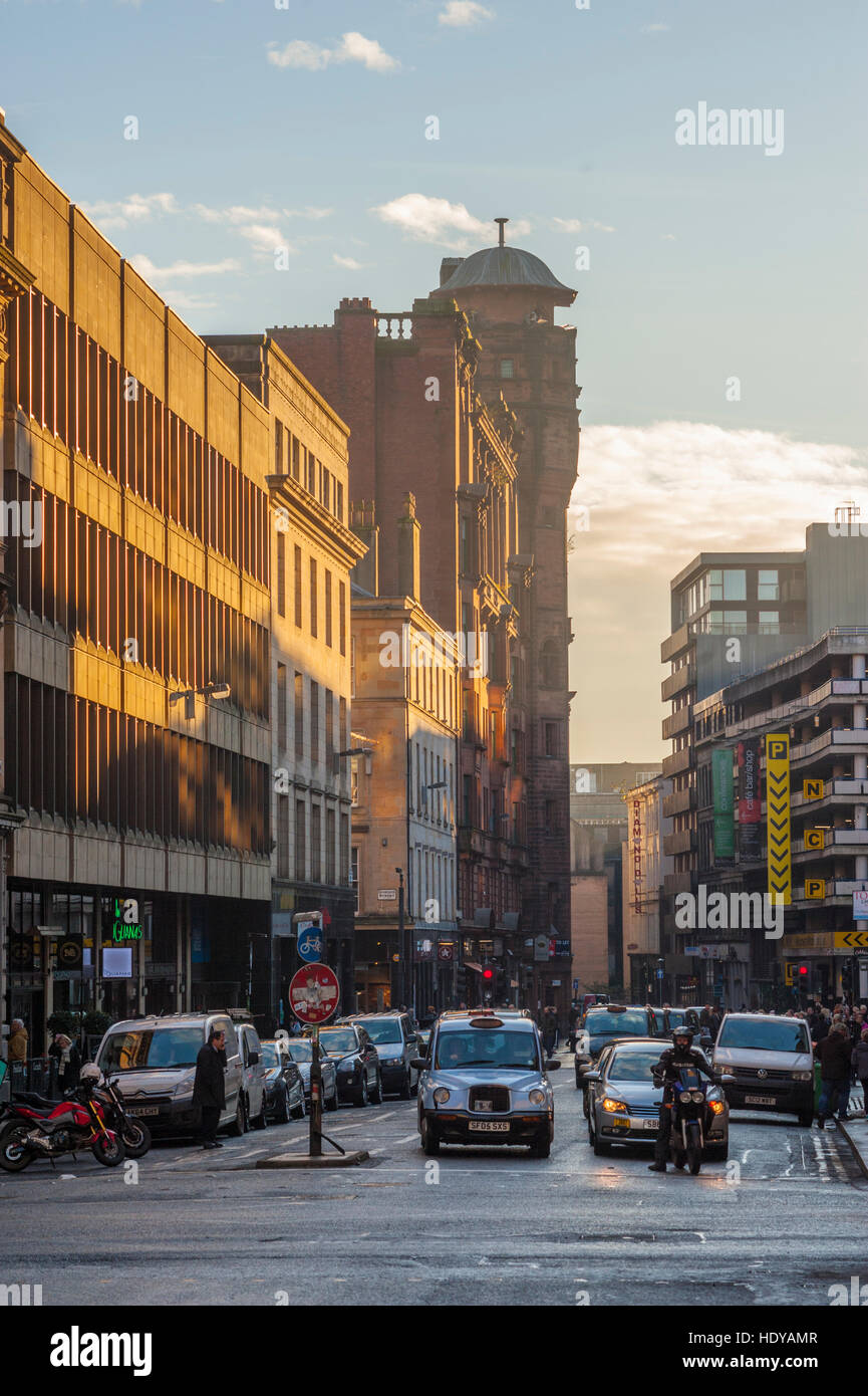 Looking down West Nile st in glasgow. Towards The Old Glasgow Herald building designed by Charles Rennie Macinntosh. Stock Photo