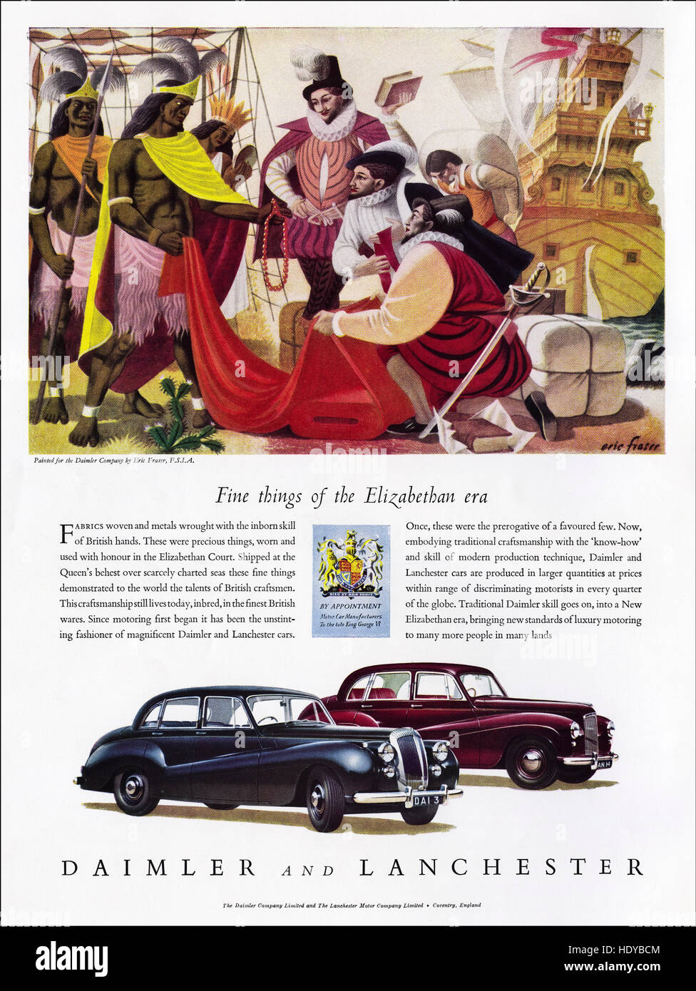 1950s advert advertising from original old vintage English magazine dated 1953 advertisement for Daimler and Lanchester luxury cars by Royal Appointment Stock Photo