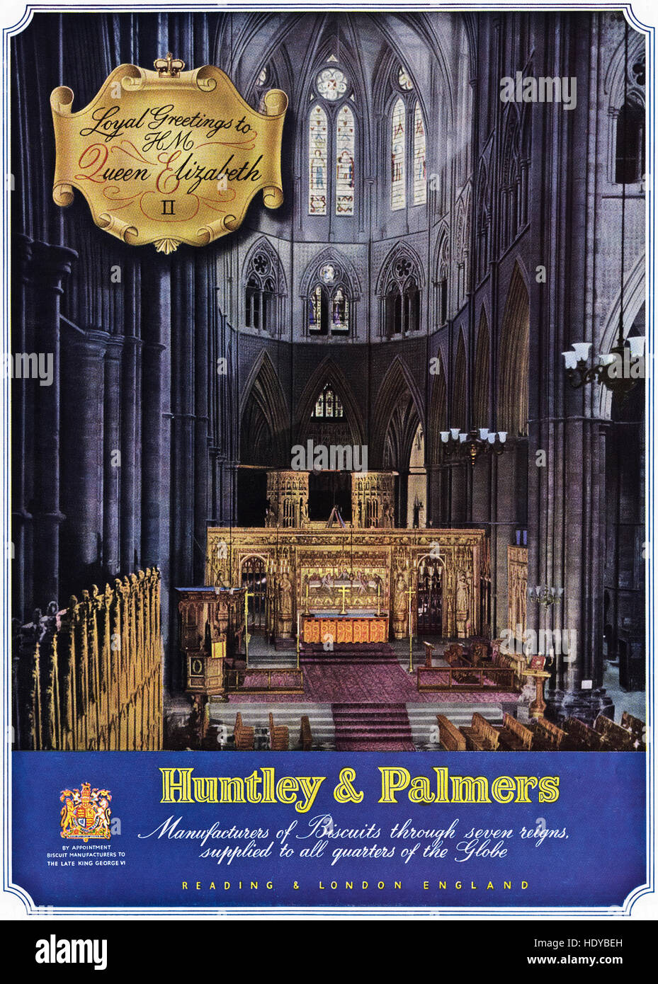 1950s advert advertising from original 50s old vintage English magazine dated 1953 advertisement for Huntley & Palmers Biscuits celebrating the coronation of Queen Elizabeth II Stock Photo