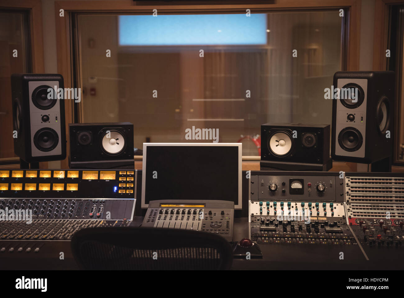 Sound mixer, speakers and equipment in music studio Stock Photo