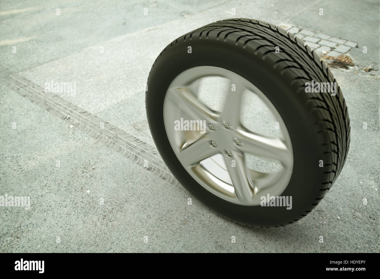 rolling car tire on street 3d rendering Stock Photo Alamy