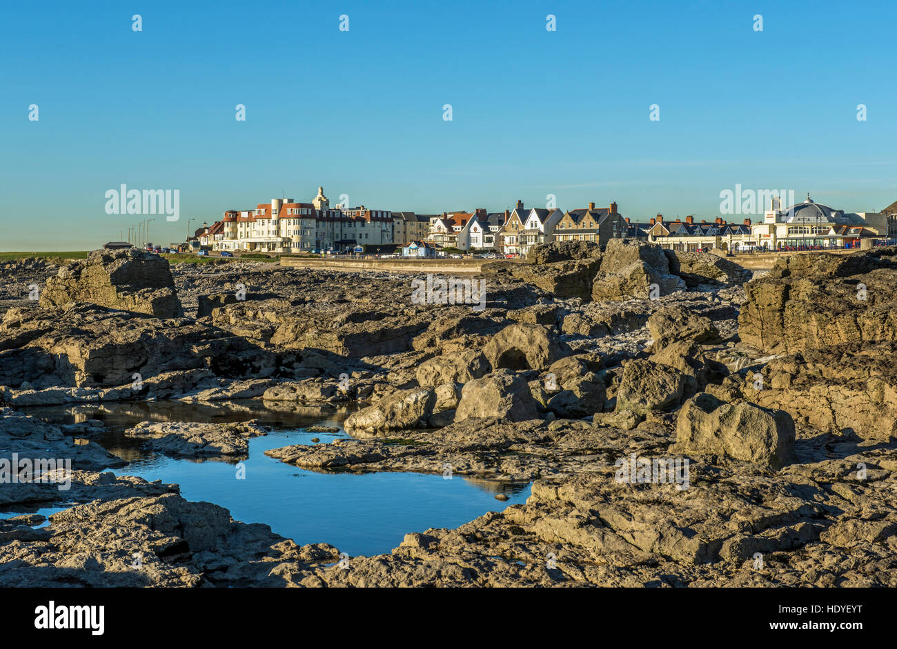 Porthcawl, a popular seaside resort on the south Wales coast, on a clear, sunny winter day, seen from the rocks on the seafront Stock Photo