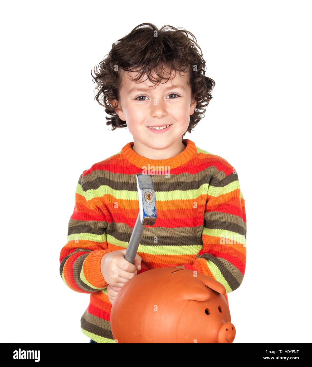 Funny little boy with a hammer for break the moneybox Stock Photo - Alamy