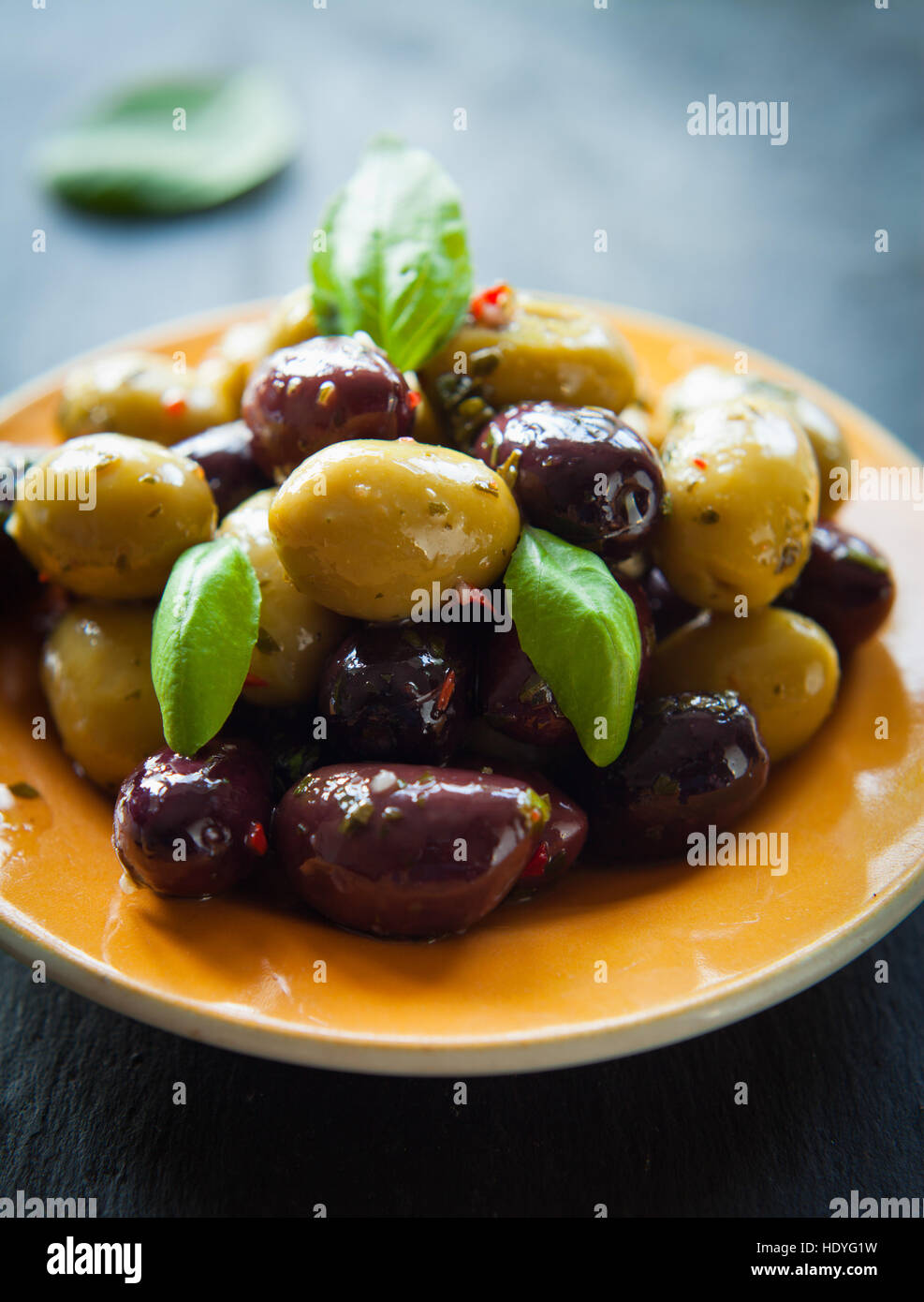 Green and purple Kalamata Greek olives marinated antipasti, European