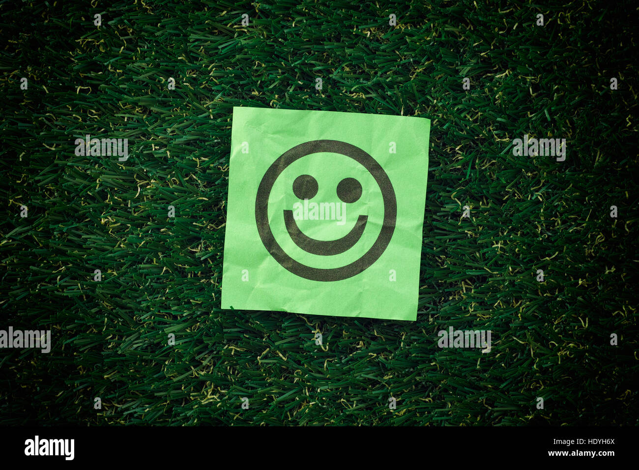 Green paper with smiling face on a green grass. Vignette. Close up. Stock Photo