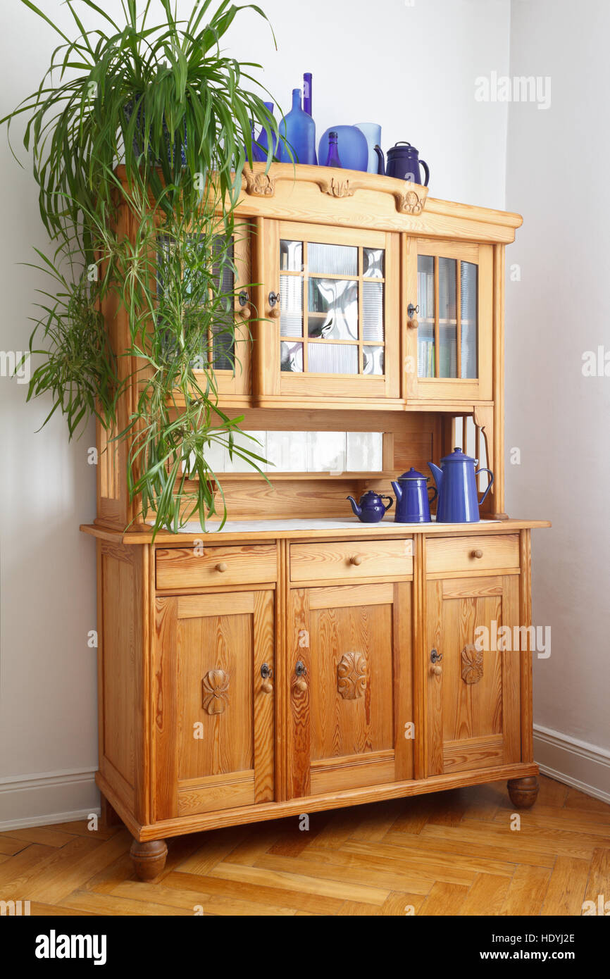 Vintage Pine Cupboard With Wooden And Glass Doors Drawers And