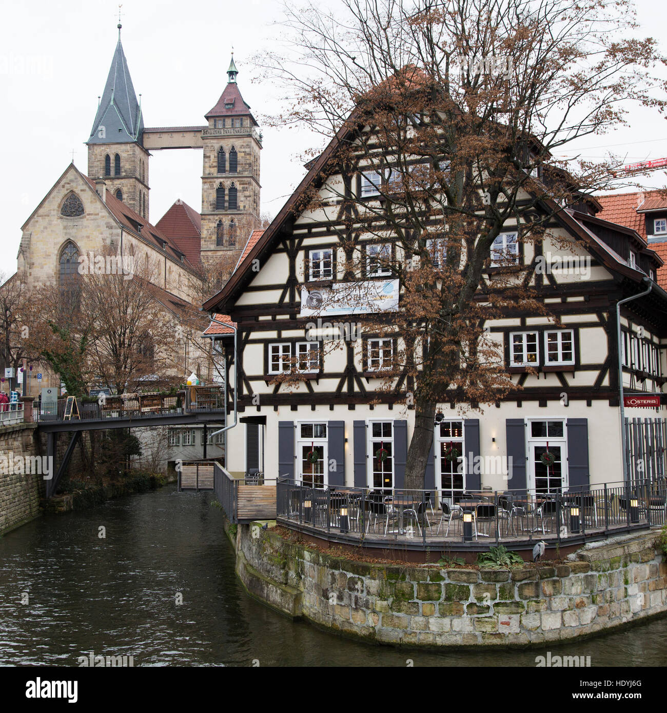 The riverside Alte Zimmerei building in Esslingen, Germany. The city is renowned for its timber-framed, medieval houses. Stock Photo