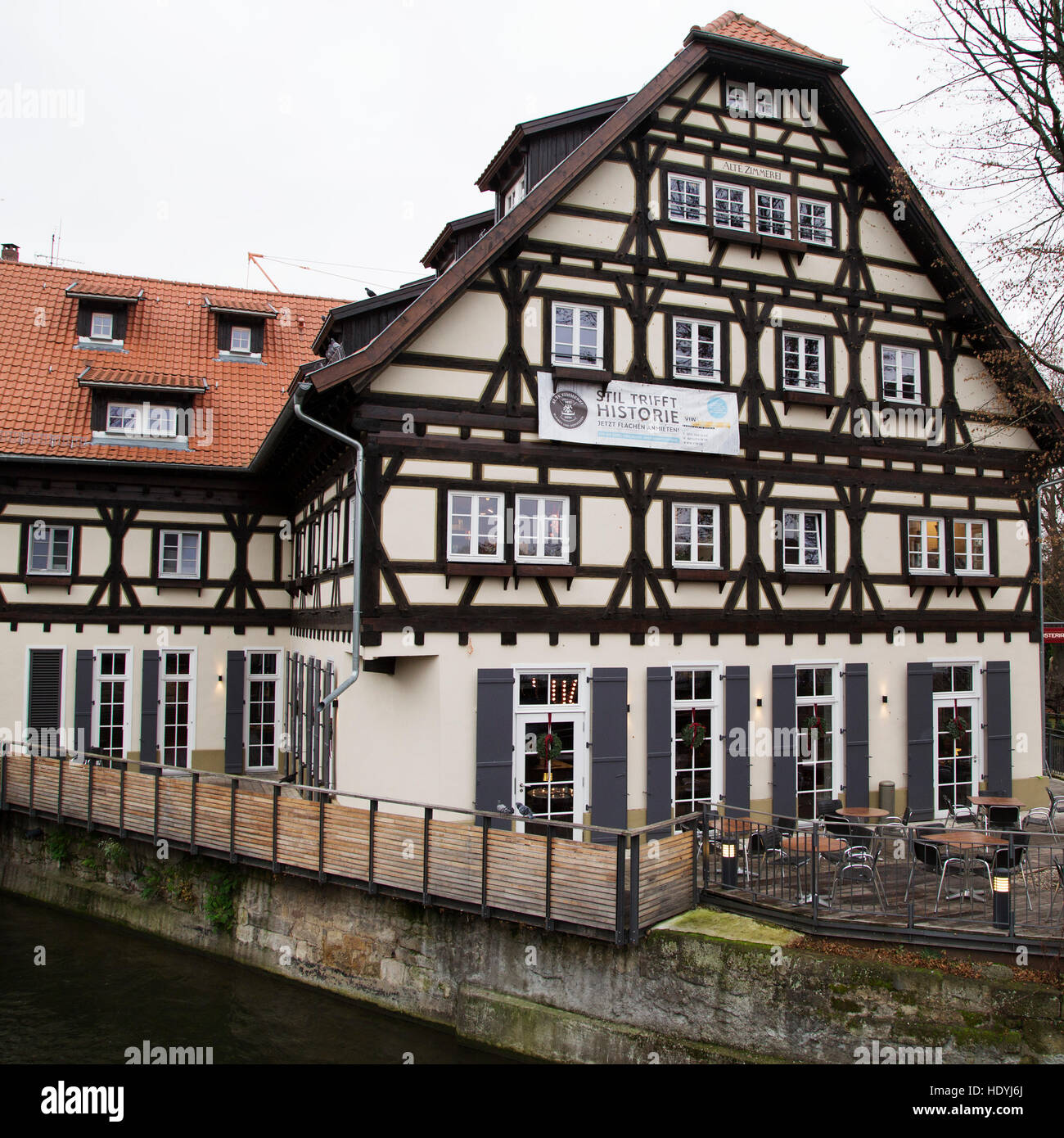 The riverside Alte Zimmerei building in Esslingen, Germany. The city is renowned for its timber-framed, medieval houses. Stock Photo