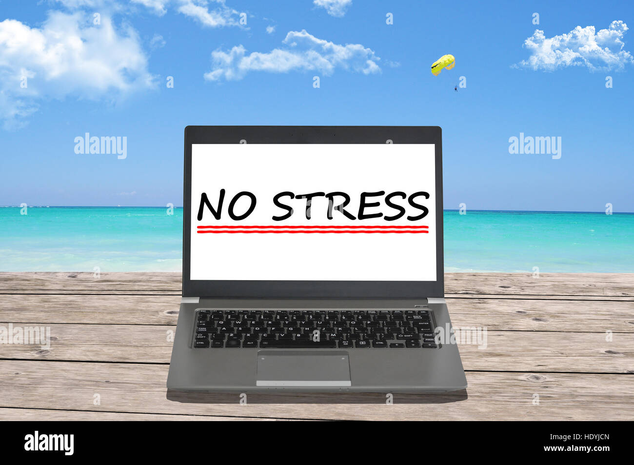 No stress text with notebook on a beach Stock Photo