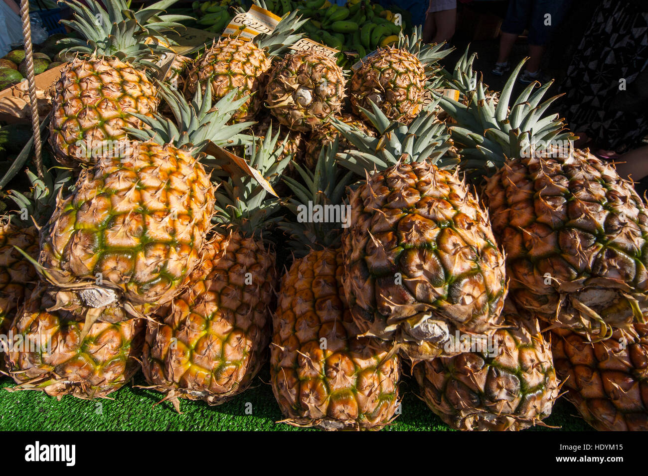 Fresh pineapple at the Saturday farmer's market Honolulu, Oahu, Hawaii. Stock Photo