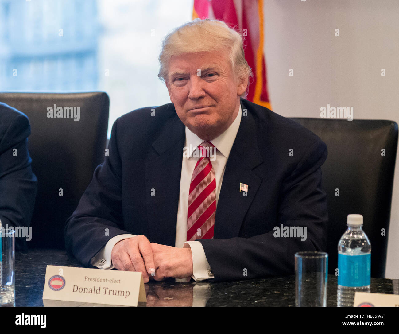 New York, USA. 14th Dec, 2016. United States President-elect Donald Trump is seen at a meeting of technology leaders in the Trump Organization conference room at Trump Tower in New York, USA, 14 December 2016. - NO WIRE SERVICE - Photo: Albin Lohr-Jones/Consolidated/dpa/Alamy Live News Stock Photo