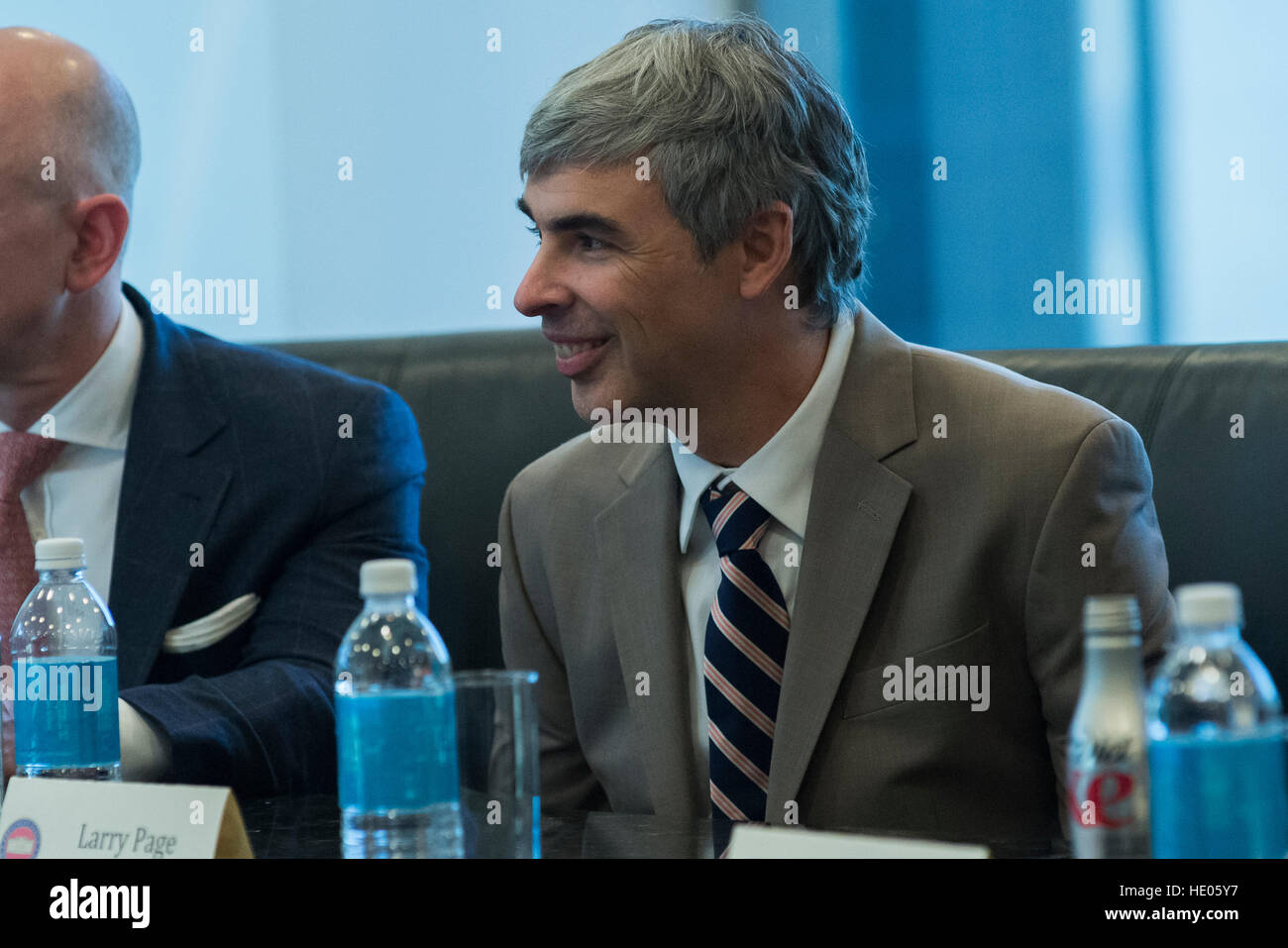 New York, Us. 14th Dec, 2016. Alphabet CEO Larry Page is seen in attendance at a meeting of technology chiefs in the Trump Organization conference room at Trump Tower in New York, USA 14 December 2016. - NO WIRE SERVICE - Photo: Albin Lohr-Jones/Consolidated/dpa/Alamy Live News Stock Photo