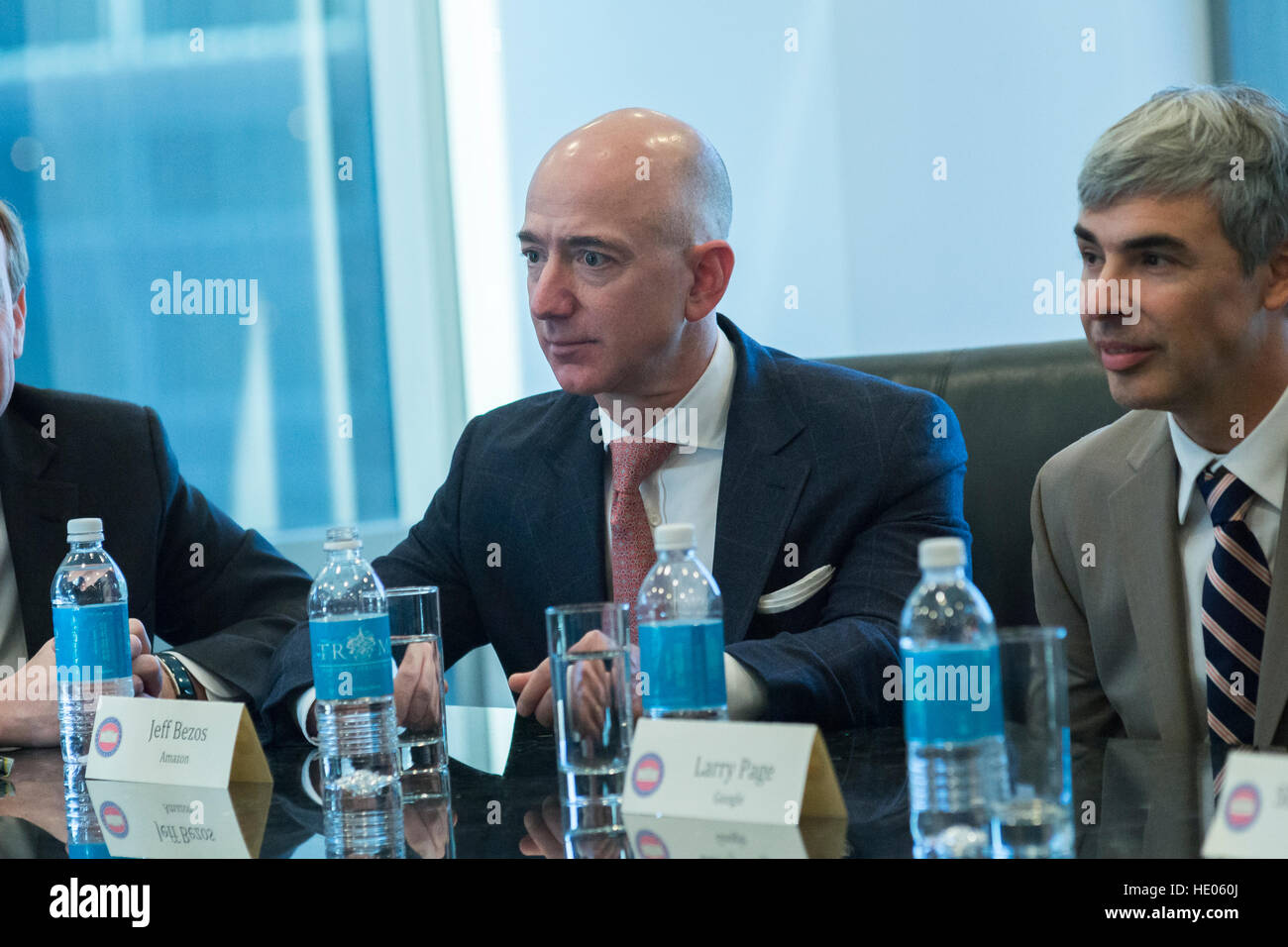 New York, Us. 14th Dec, 2016. Amazon CEO Jeff Bezos is seen in attendance at a meeting of technology chiefs in the Trump Organization conference room at Trump Tower in New York, USA 14 December 2016. - NO WIRE SERVICE - Photo: Albin Lohr-Jones/Consolidated/dpa/Alamy Live News Stock Photo