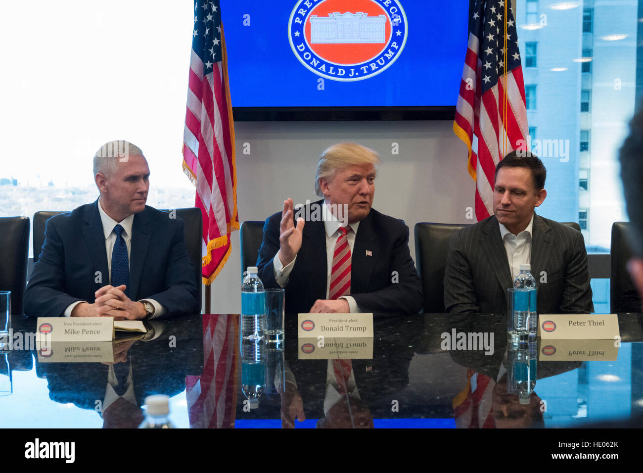 New York, Us. 14th Dec, 2016. United States President-elect Donald Trump is seen at a meeting of technology leaders in the Trump Organization conference room at Trump Tower in New York, USA 14 December 2016. - NO WIRE SERVICE - Photo: Albin Lohr-Jones/Consolidated/dpa/Alamy Live News Stock Photo