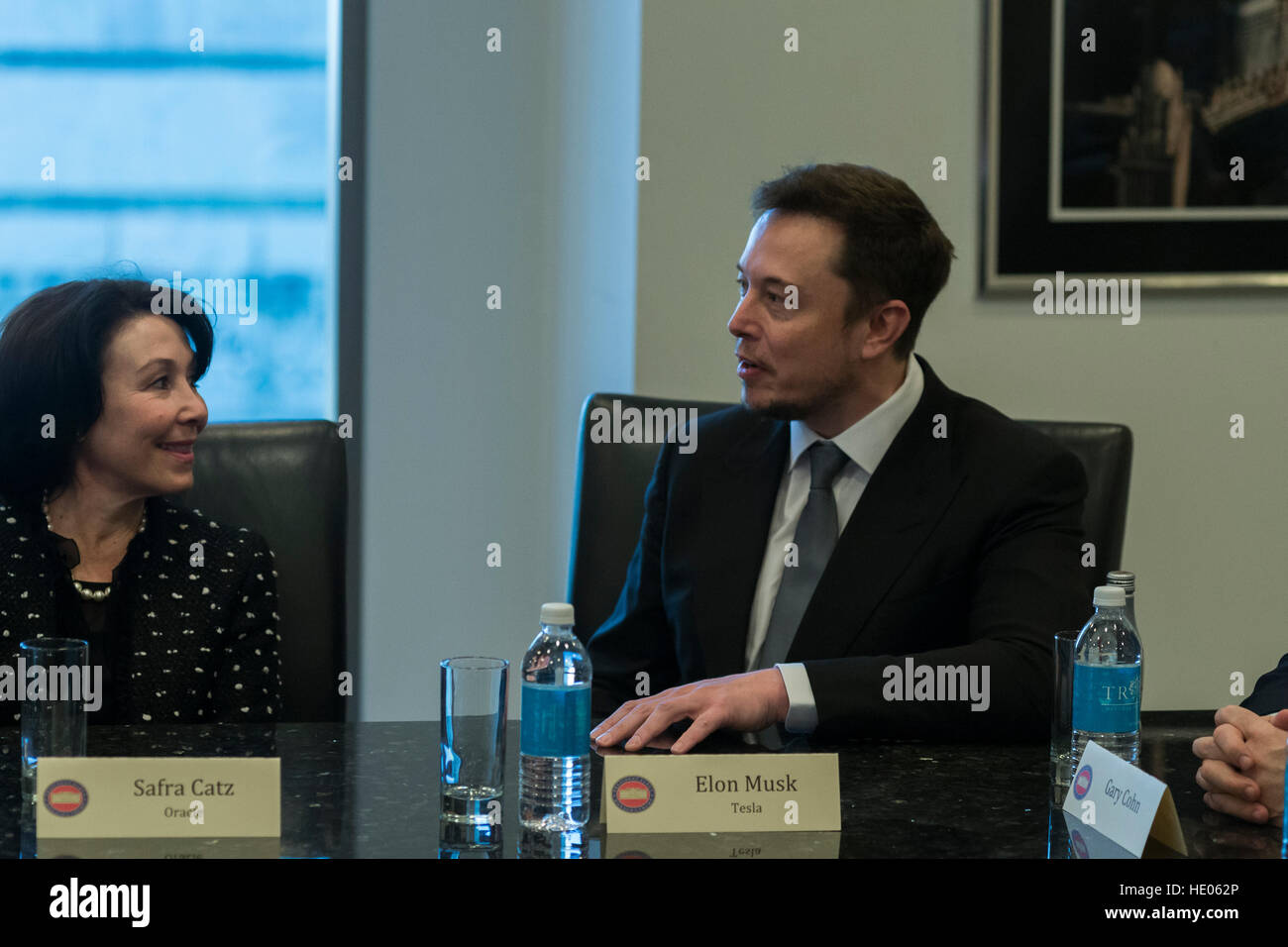 New York, Us. 14th Dec, 2016. Tesla CEO Elon Musk is seen in attendance at a meeting of technology chiefs in the Trump Organization conference room at Trump Tower in New York, USA 14 December 2016. - NO WIRE SERVICE - Photo: Albin Lohr-Jones/Consolidated/dpa/Alamy Live News Stock Photo