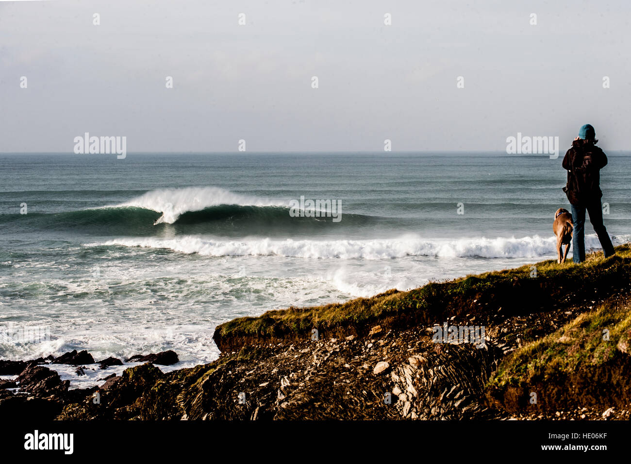 Big wave surfing Cribbar Newquay Stock Photo Alamy