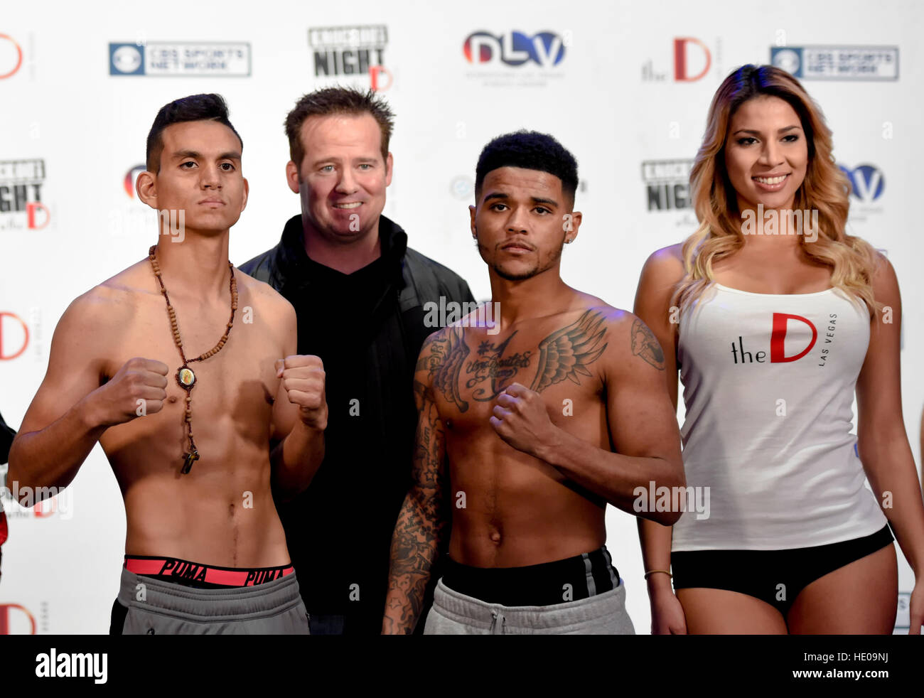 Las Vegas, Nevada December 16, 2016 - Fighters Randy 'El Matador' Moreno and Mike Fowler face off at the weigh-in for “Knockout Night at the D”  presented by the D Las Vegas and DLVEC and promoted by Roy Jones Jr. Boxing. Credit: Ken Howard/Alamy Live News Stock Photo