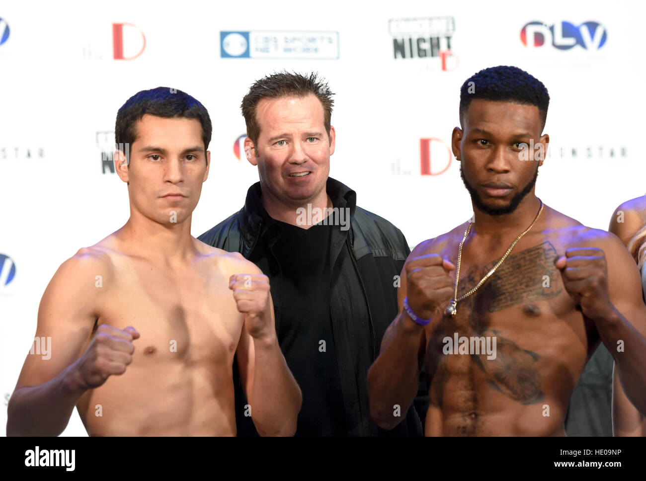 Las Vegas, Nevada December 16, 2016 -   Fighters Angelo Baez and Nathaniel Gallimore weigh-in for “Knockout Night at the D”  presented by the D Las Vegas and DLVEC and promoted by Roy Jones Jr. Boxing. Credit: Ken Howard/Alamy Live News Stock Photo