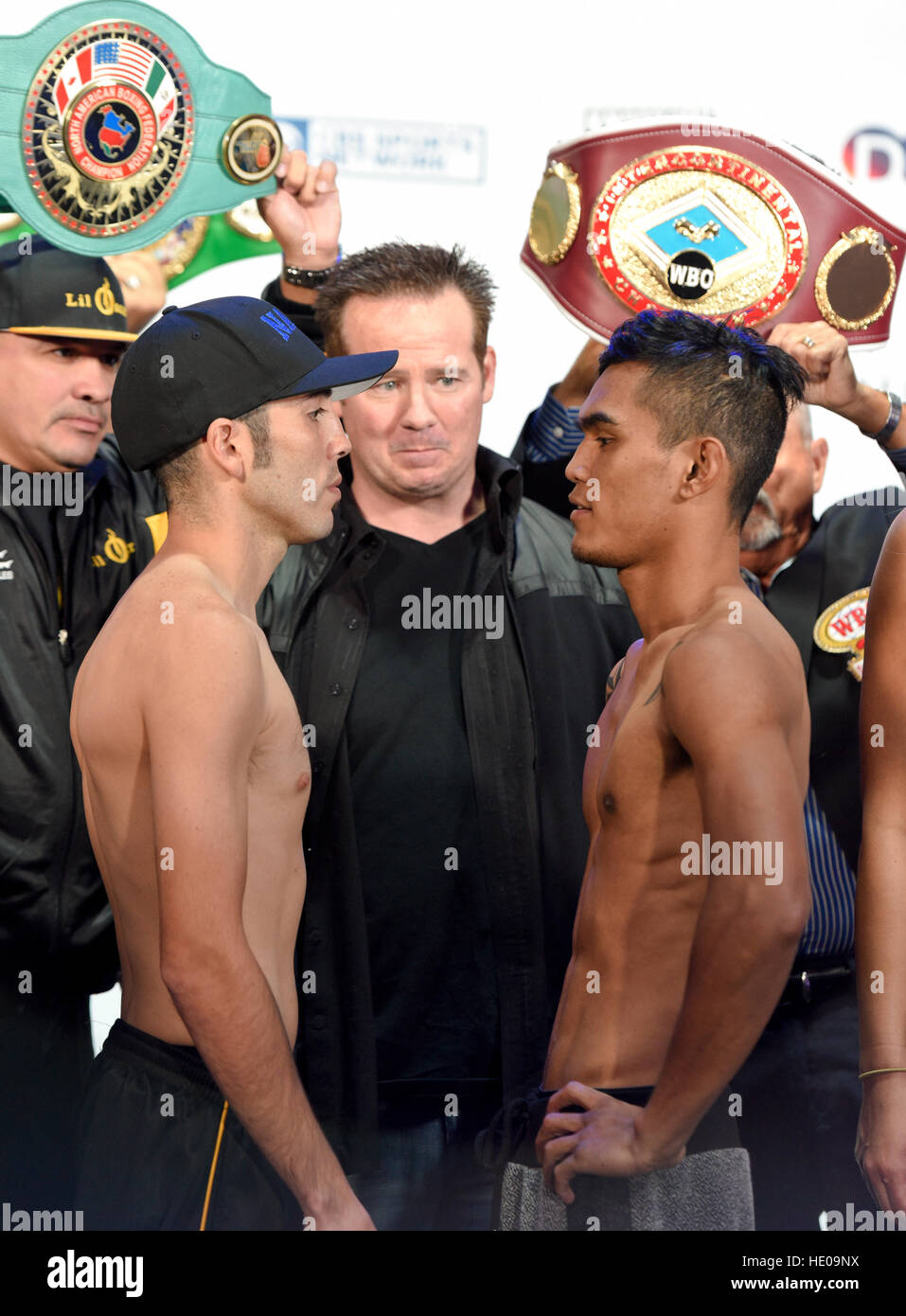 Las Vegas, Nevada December 16, 2016 - Boxers Oscar Cantu and  Aston Palcite weigh-in for main event at  “Knockout Night at the D”  presented by the D Las Vegas and DLVEC and promoted by Roy Jones Jr. Boxing. Credit: Ken Howard/Alamy Live News Stock Photo