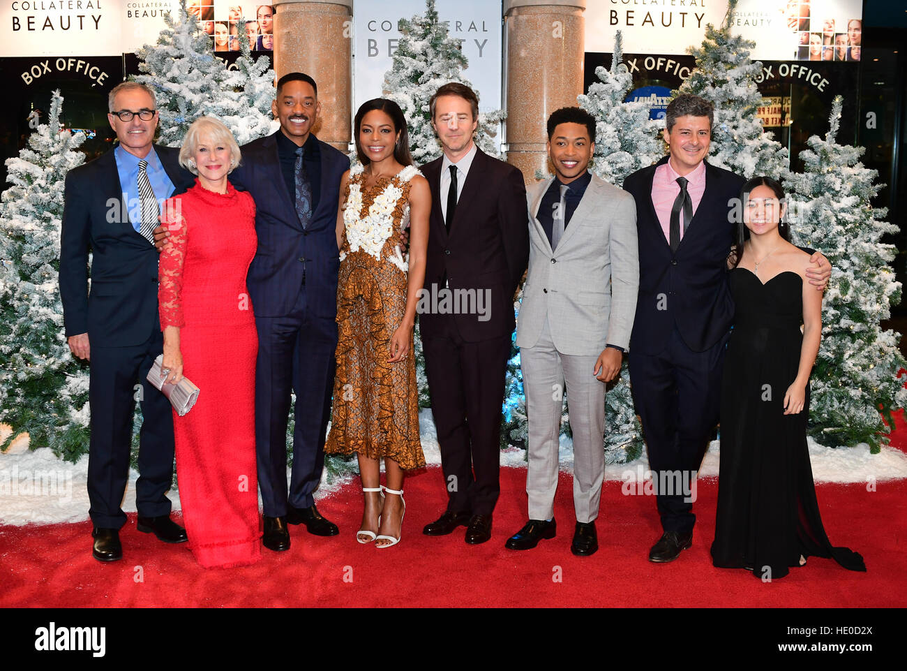(left-right) David Frankel, Dame Helen Mirren, Will Smith, Naomie Harris, Edward Norton, Jacob Latimore, Anthony Bergman and Lily Hevesh attending the European premiere of Collateral Beauty, held at the Vue Leicester Square, London. Stock Photo