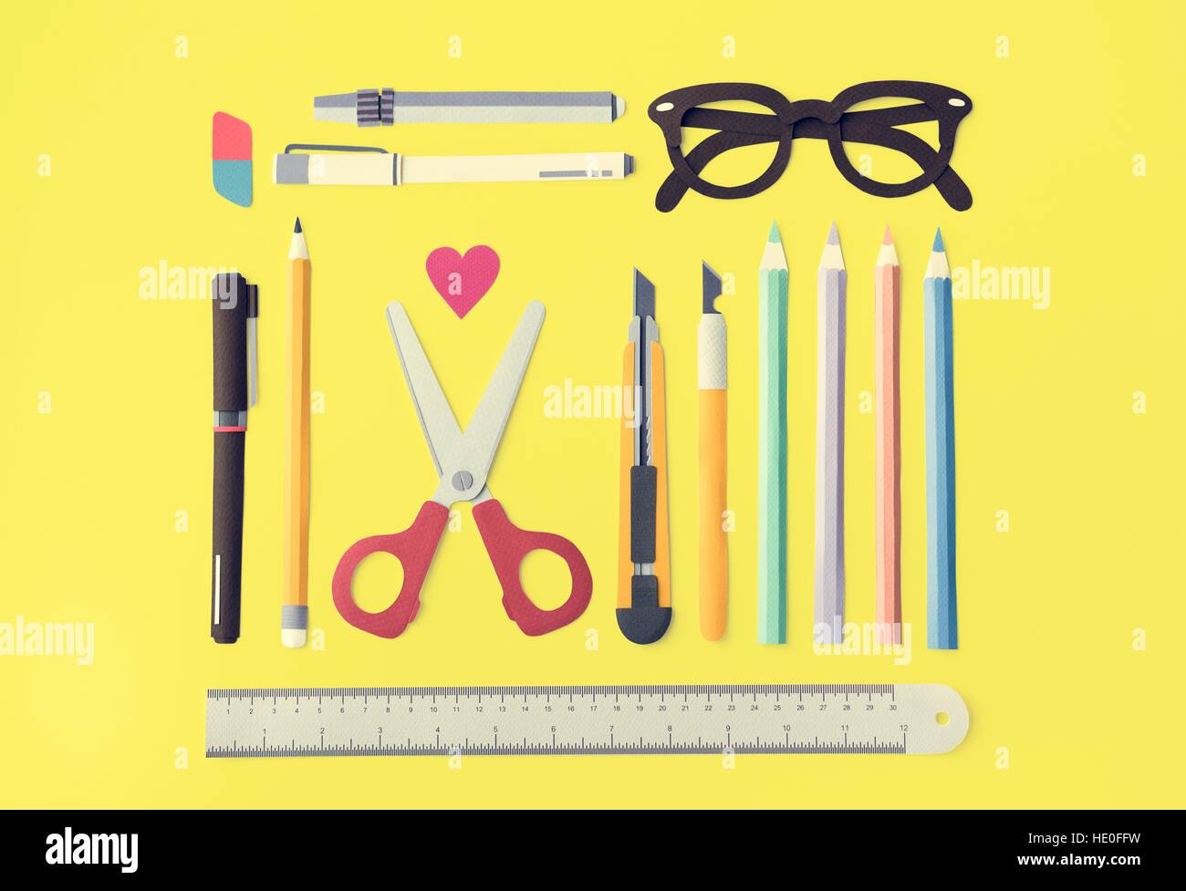 Pen Color Pencil Scissor Eraser Ruler Eyeglasses Concept Stock Photo ...