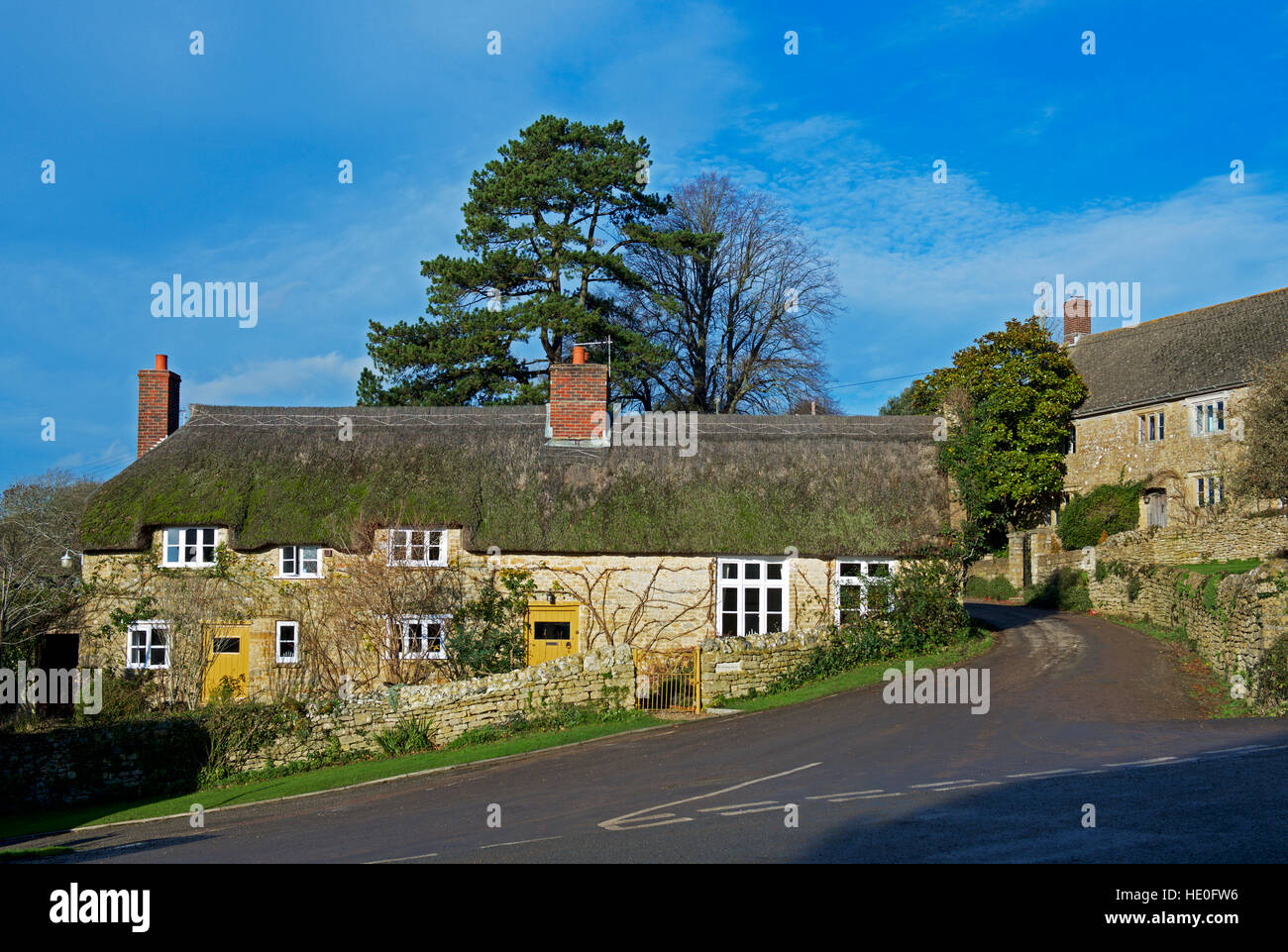 Thatched cottage in the village of Powerstock, Dorset, England UK Stock