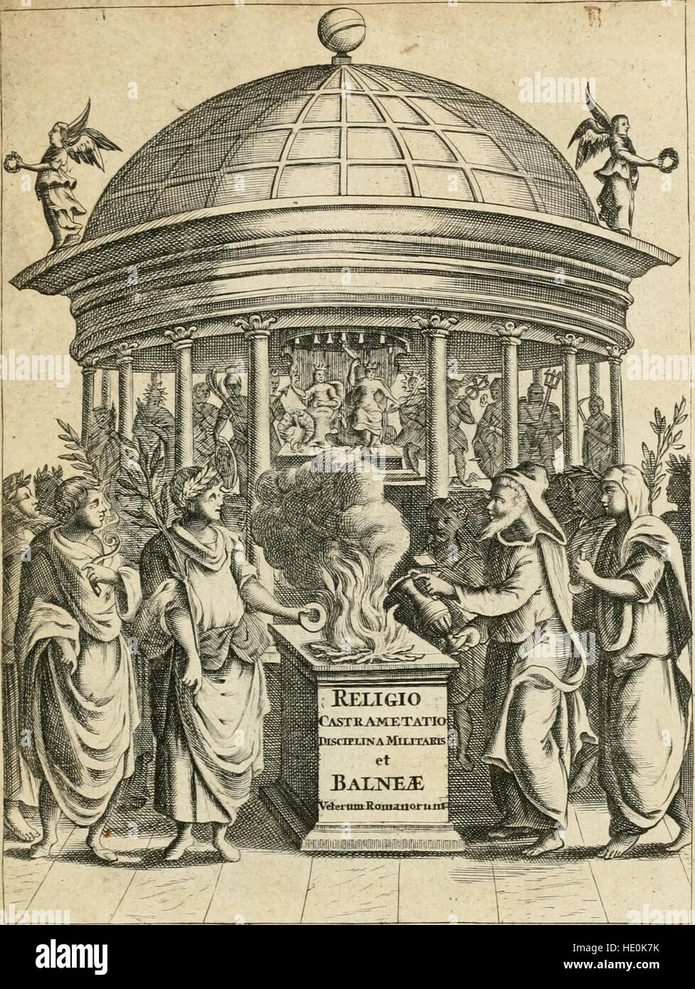 Veterum Romanorum Religio castrametatio, disciplina militaris ut and balneae ex antiquis numismatibus and lapidibus demonstrata (1686) Stock Photo