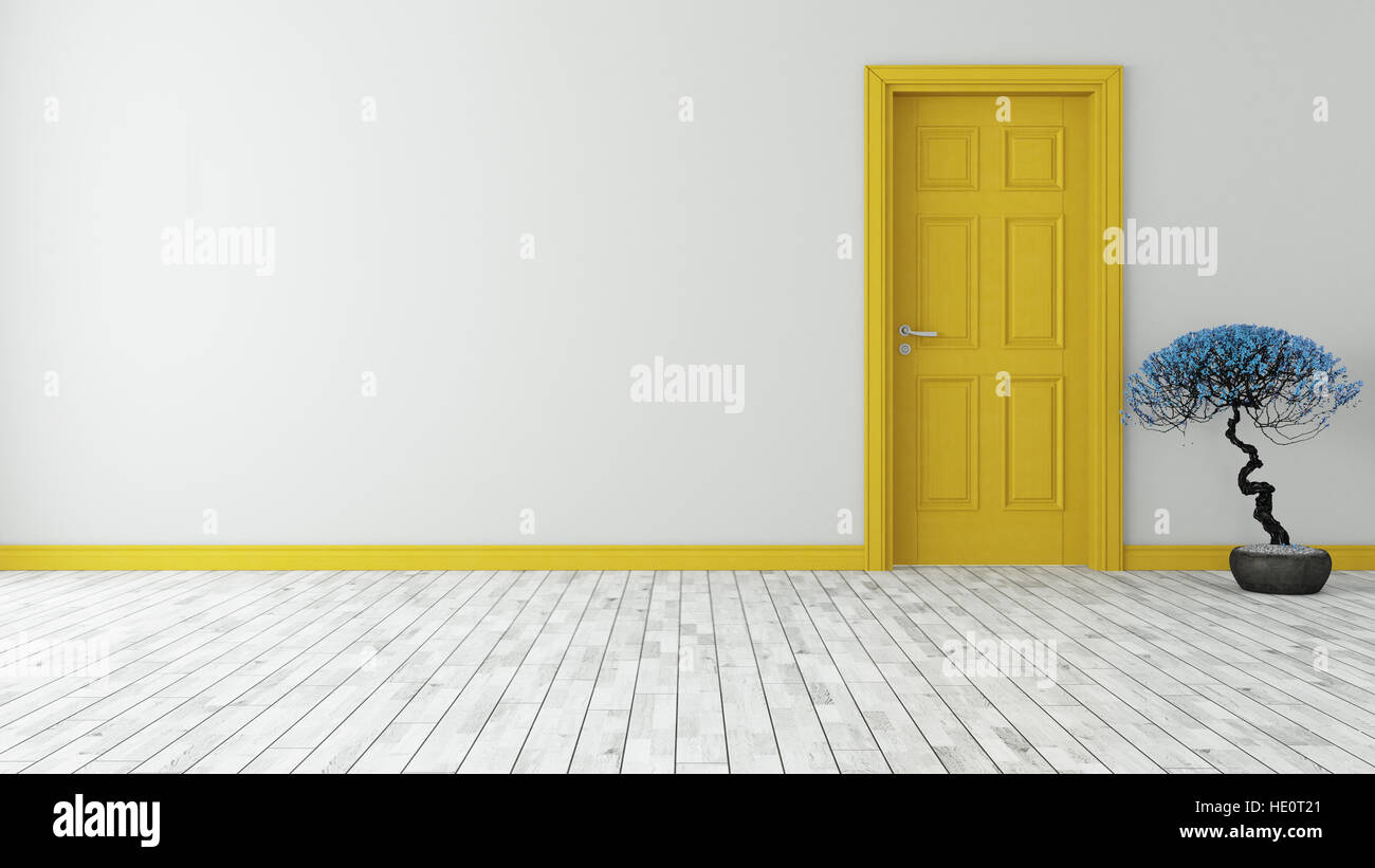 dark yellow door with wall and parquet 3d model rendering Stock Photo