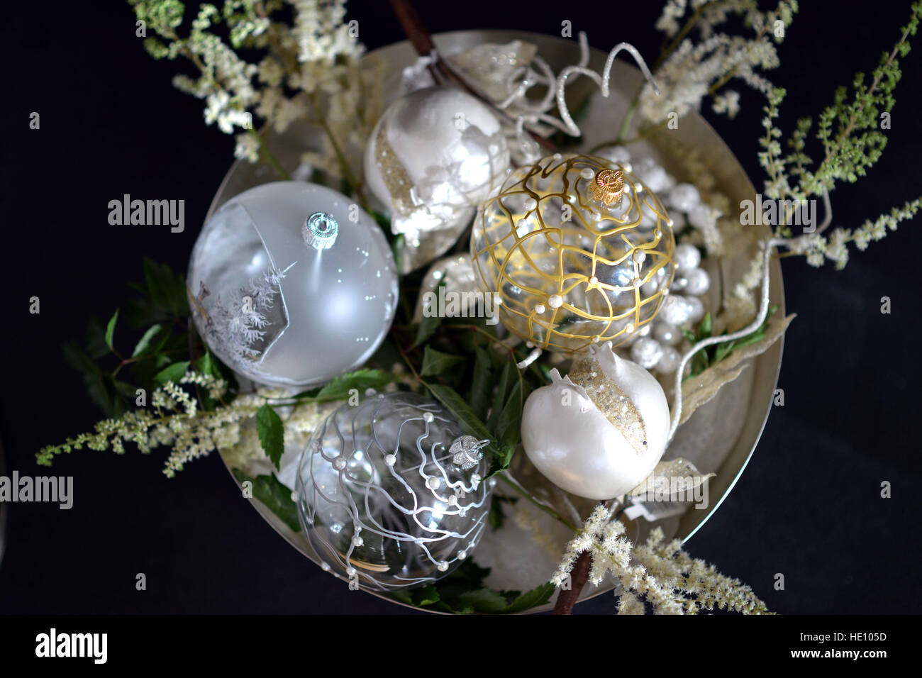 Traditional luxury christmas glass baubles with ribbons Stock Photo