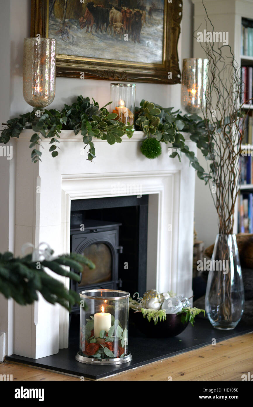 Fireplace decorated for Christmas Stock Photo