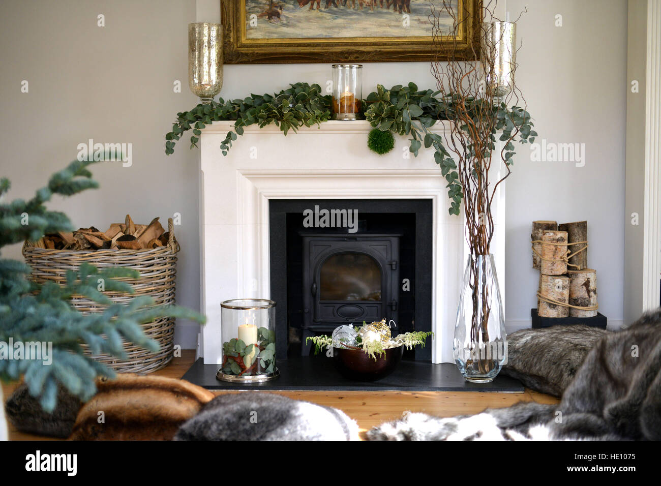 Fireplace decorated for Christmas Stock Photo