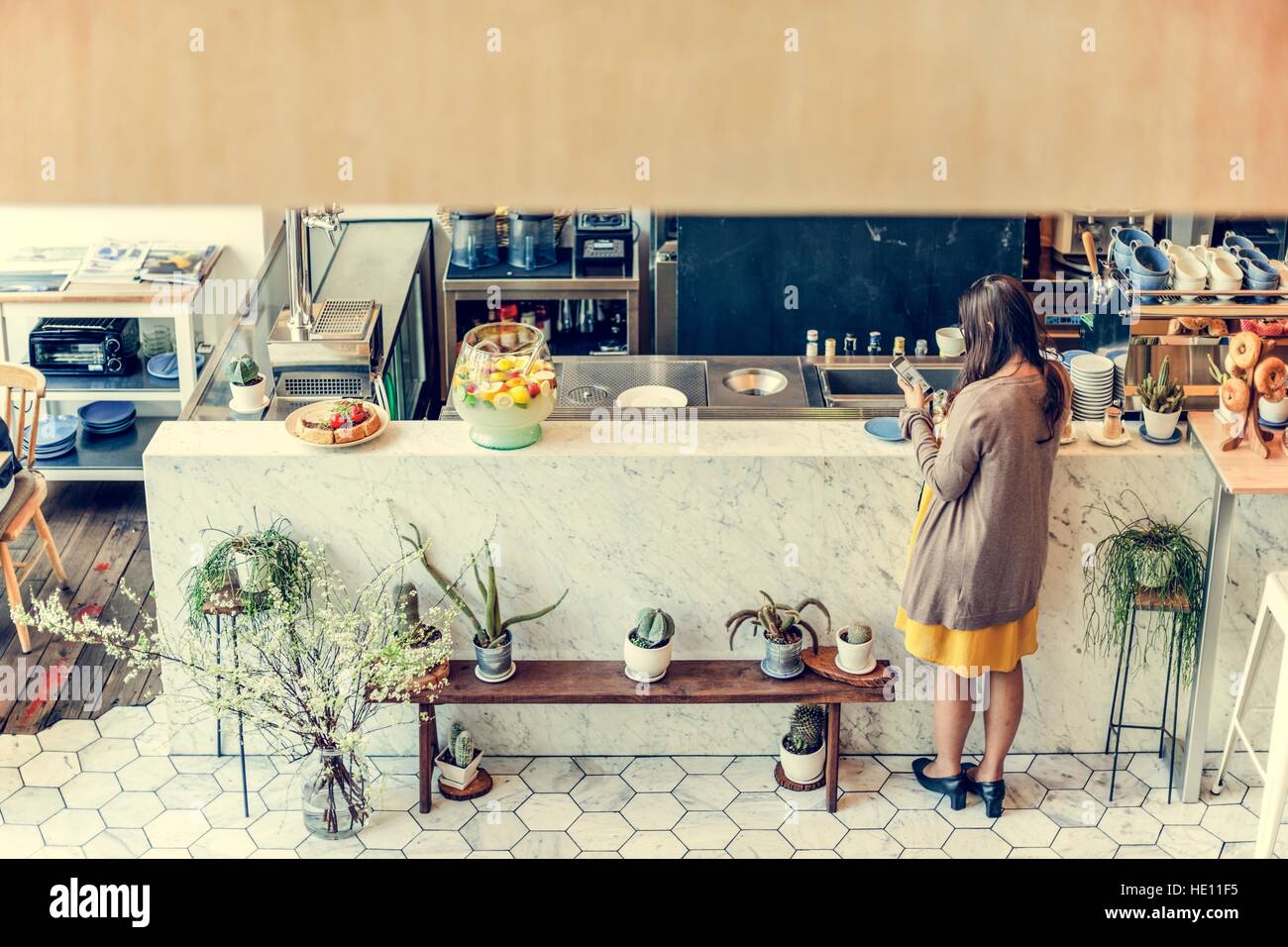 Woman Waiting Rear View Coffee Shop Bar Counter Concept Stock Photo Alamy