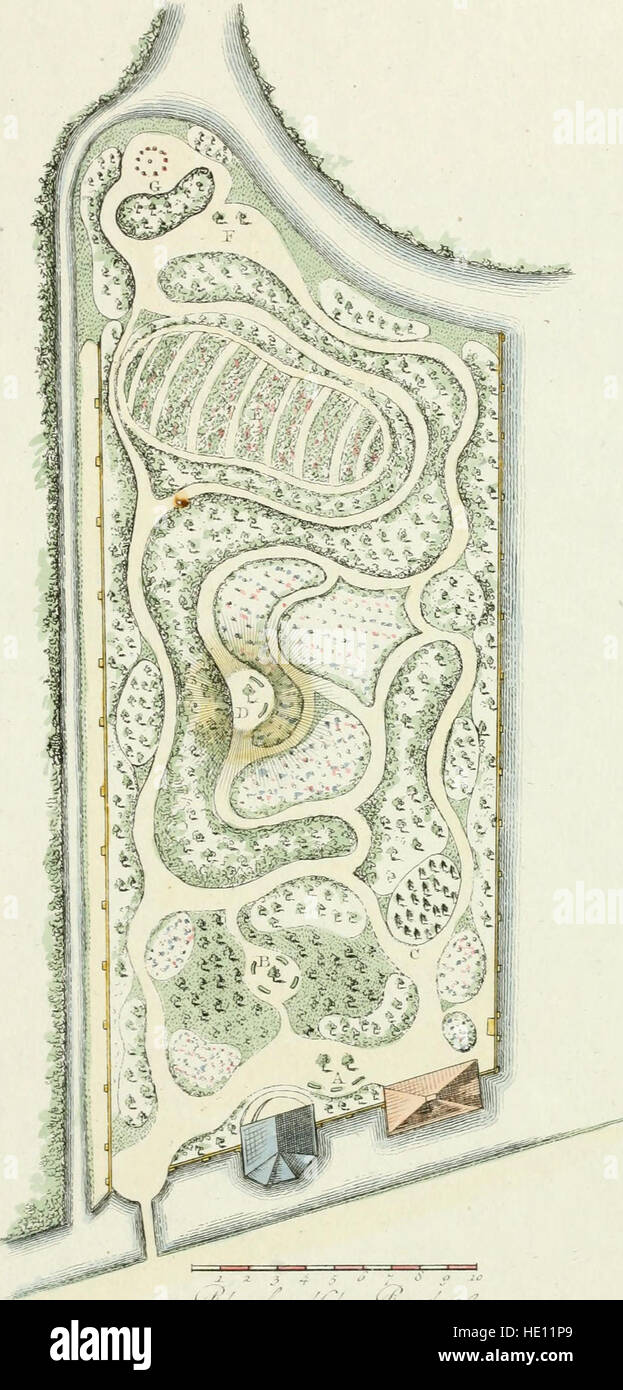 Magazijn van tuin-sieraaden, of, Verzameling van modellen van aanleg en sieraad, voor groote en kleine lust-hoven, voorn amelijk van dezulke die, met weinig kosten, te maaken zijn (1802) Stock Photo